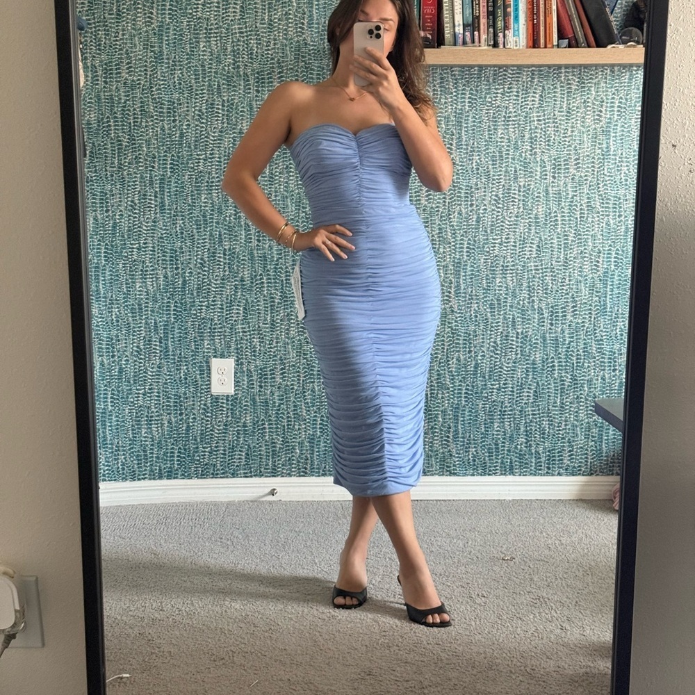 Dress the Population Heather Strapless Ruched Bodycon Midi Dress in size L NWT